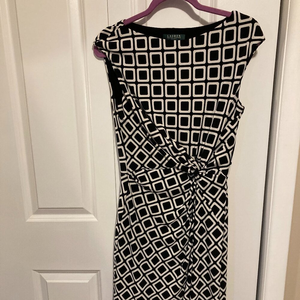 Ralph Lauren Black and White Lined Geometric Faux Wrap Sleeveless Dress, Size 10